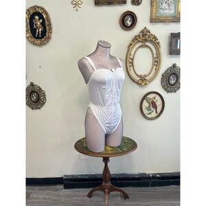 Vintage Minor Creations White Lace Nylon Teddy Bodysuit Medium Y2K USA